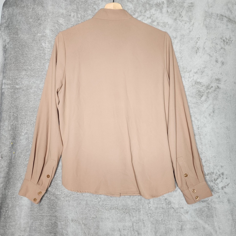 Motf Secretary Pleated Mock Neck Long Sleeve Hidden Button Down Blouse Tan S - Picture 5 of 8